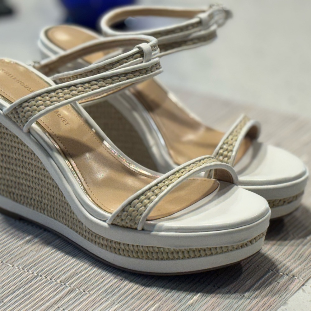 White House Black Market White and Tan Wedge Sandals
